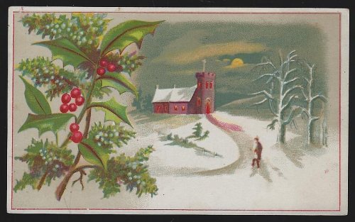 VICTORIAN CARD WITH MAN WALKING TO SNOWY CHURCH