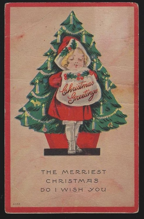 CHRISTMAS GREETINGS POSTCARD WITH LITTLE GIRL AND CHRISTMAS TREE
