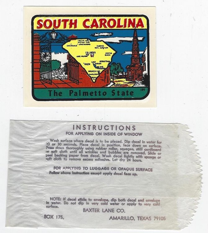 VINTAGE SOUVENIR DECAL FROM SOUTH CAROLINA