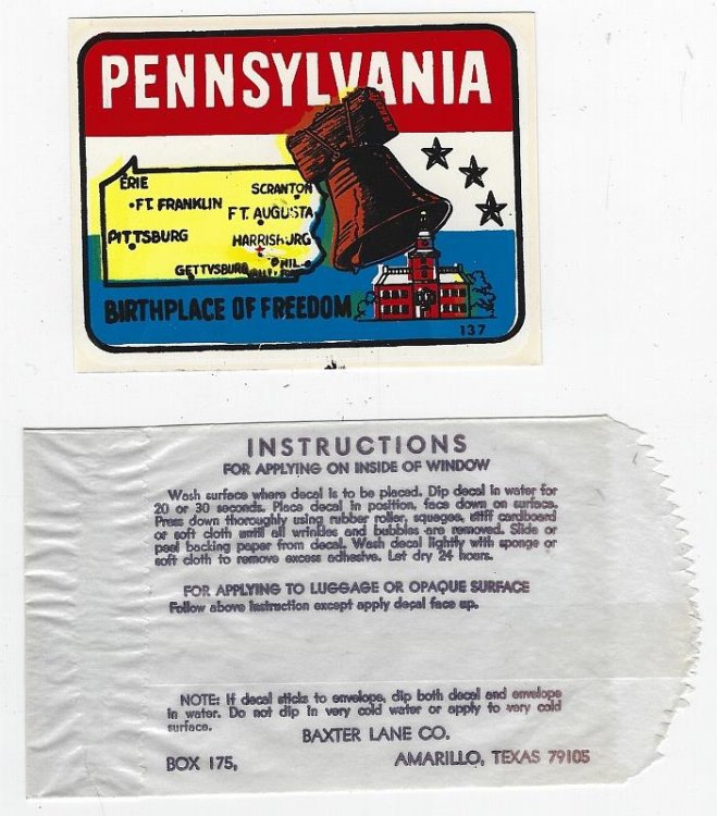 VINTAGE SOUVENIR DECAL FROM PENNSYLVANIA