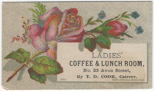 VICTORIAN TRADE CARD FOR LADIES' COFFEE AND LUNCH ROOM WITH ROSES