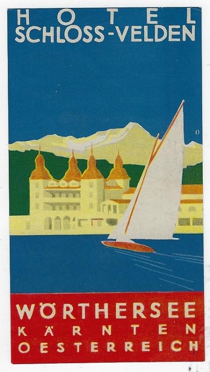 VINTAGE LUGGAGE LABEL FOR HOTEL SCHLOSS-VELDEN, WORTHERSEE, KARNTEN, OESTERREICH, AUSTRIA