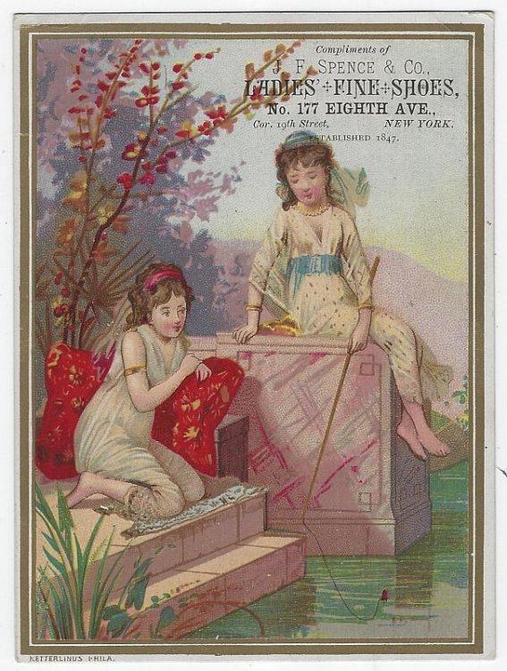 VICTORIAN TRADE CARD FOR J. F. SPENCE LADIES FINE SHOES WITH LOVELY LADIES FISHING