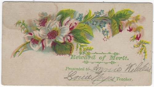 VICTORIAN REWARD OF MERIT WITH BOUQUET OF WHITE FLOWERS