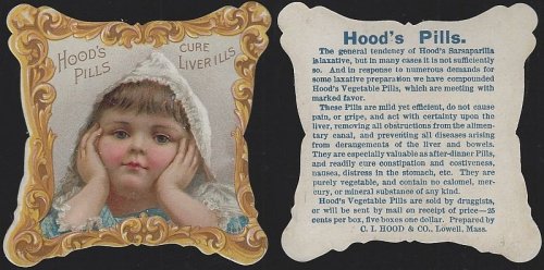 VICTORIAN DIE CUT TRADE CARD FOR HOOD'S VEGETABLE PILLS, WITH BABY BOY