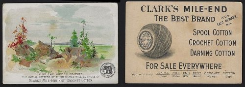 VICTORIAN TRADE CARD FOR CLARK'S MILE END BEST CROCHET COTTON WITH HIDDEN OBJECT PUZZLE