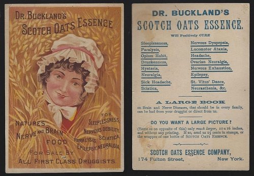 VICTORIAN TRADE CARD FOR DR. BUCKLAND'S SCOTCH OATS ESSENCE WITH LOVELY LADY