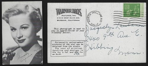 VINTAGE PROMOTIONAL POSTCARD OF VIRGINIA MAYO