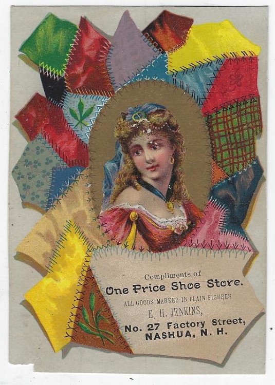 VICTORIAN TRADE CARD FOR JENKINS' BOOTS AND SHOES WITH LOVELY LADY AND PATCHWORK QUILT