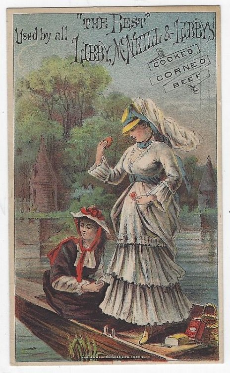 VICTORIAN TRADE CARD FOR LIBBY'S COOKED CORNED BEEF WITH TWO LADIES IN A BOAT