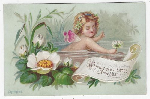 VICTORIAN HAPPY NEW YEAR CARD WITH FAIRY SWIMMING IN POND WITH FLOWERS