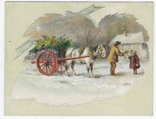 VICTORIAN CARD WITH HORSE DRAWN CART FILLED WITH HOLLY