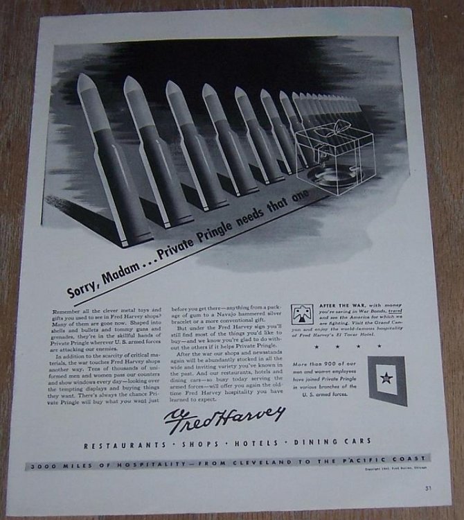 1943 FRED HARVEY WORLD WAR II LIFE MAGAZINE ADVERTISEMENT