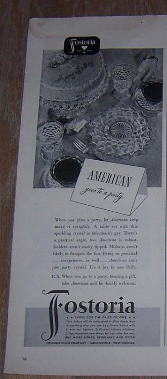 1943 AMERICAN FOSTORIA GLASS LIFE MAGAZINE ADVERTISEMENT
