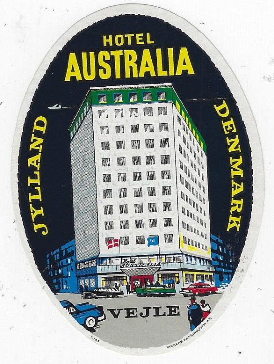 VINTAGE LUGGAGE LABEL FOR HOTEL AUSTRALIA, VEJLE, JYLLAND, DENMARK