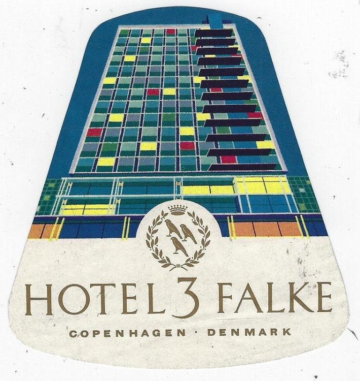 VINTAGE LUGGAGE LABEL FOR HOTEL 3 FALKE, COPENHAGEN, DENMARK