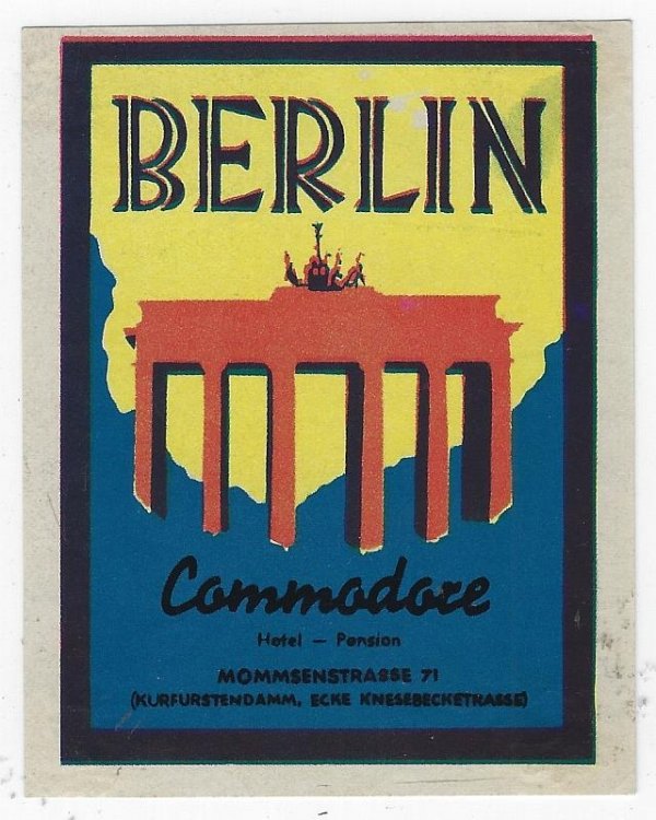 VINTAGE LUGGAGE LABEL FOR COMMODORE, HOTEL PENSION, BERLIN, GERMANY