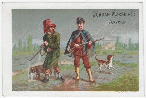 VICTORIAN TRADE CARD FOR JORDAN MARSH WITH TWO MEN WITH DOGS HUNTING