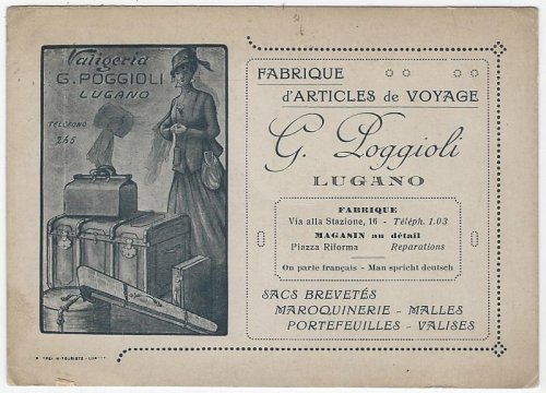 VICTORIAN TRADE CARD FOR G. POGGIOLI LUGANO WITH LOVELY LADY PACKED FOR VOYAGE