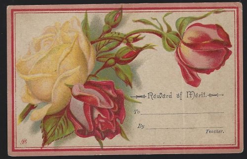 VICTORIAN REWARD OF MERIT WITH RED AND YELLOW ROSES