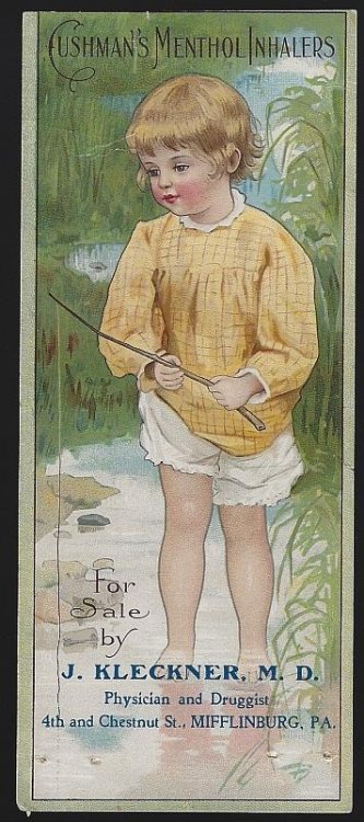 VICTORIAN TRADE CARD FOR CUSHMAN'S MENTHOL INHALERS WITH YOUNG GIRL FISHING
