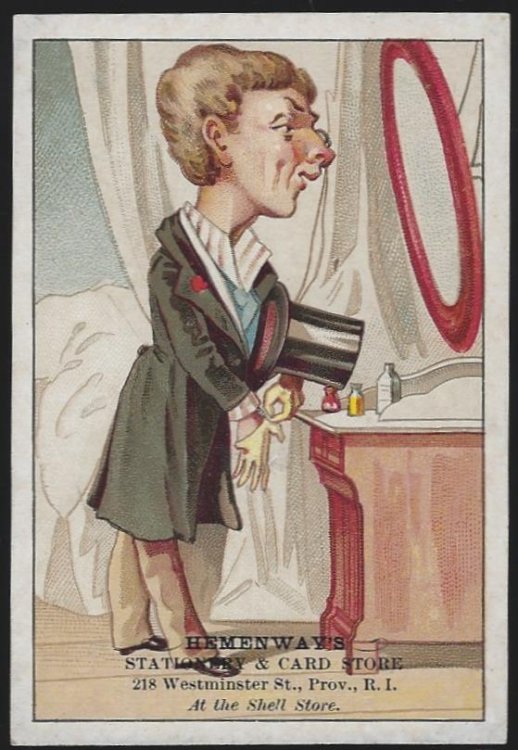 VICTORIAN TRADE CARD FOR HEMINGWAY'S STATIONARY AND CARD STORE WITH DAPPER MAN