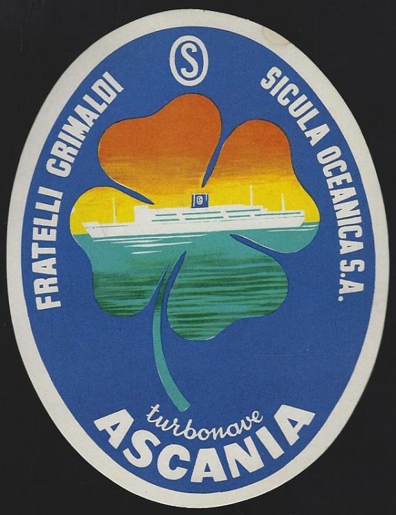 FRATELLI GRIMALDI SICULA OCEANICA TURBONAVE ASCANIA CRUISE SHIP LUGGAGE LABEL