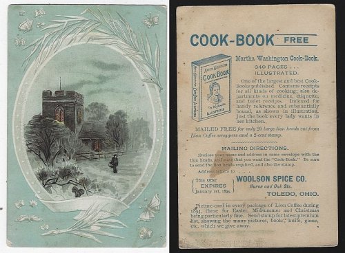 VICTORIAN TRADE CARD FOR THE WOOLSON SPICE COMPANY WITH COUNTRY CHURCH LANDSCAPE