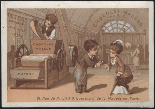 VICTORIAN TRADE CARD FOR CHOCOLAT MASSON. PARIS WITH CHOCOLATE MAKER HANDING LOVELY LADY A CHOCOLATE BAR