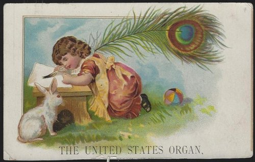 VICTORIAN TRADE CARD FOR UNITED STATES ORGAN WITH LITTLE GIRL DRAWING WITH PEACOCK FEATHER