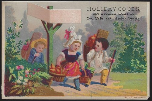 VICTORIAN TRADE CARD FOR HOLIDAY AT ROBINSON'S WITH PEOPLE CARRYING FOOD