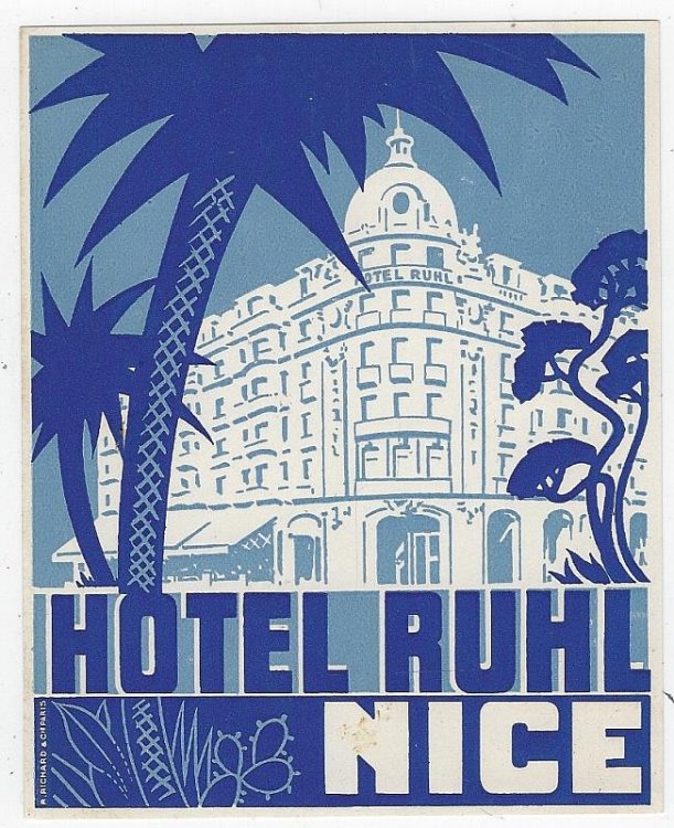 VINTAGE LUGGAGE LABEL FOR HOTEL RUHL, NICE, FRANCE
