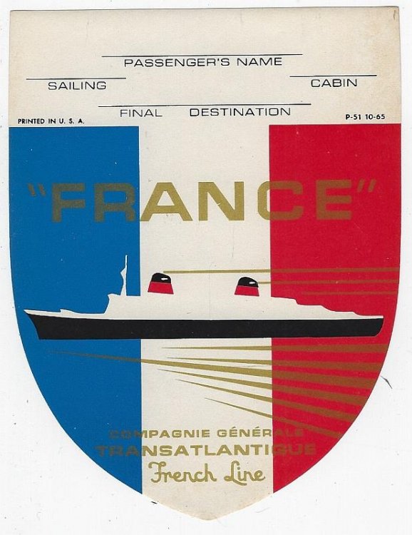 FRANCE, COMPAGNIE GENERALE, TRANSATLANTIQUE, FRENCH LINE CRUISE SHIP LUGGAGE LABEL