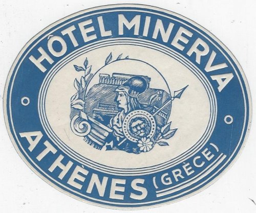VINTAGE LUGGAGE LABEL FOR HOTEL MINERVA, ATHENS, GREECE