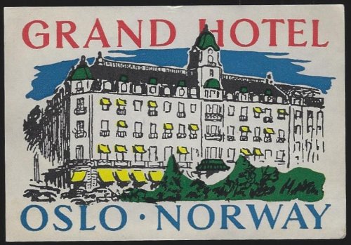 VINTAGE LUGGAGE LABEL FOR GRAND HOTEL, OSLO, NORWAY