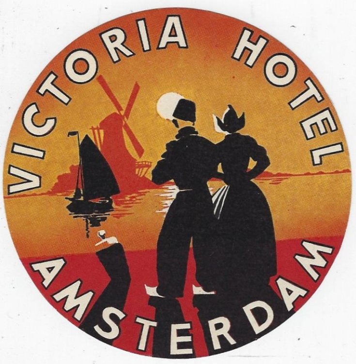 VINTAGE LUGGAGE LABEL FOR VICTORIA HOTEL, AMSTERDAM, NETHERLANDS
