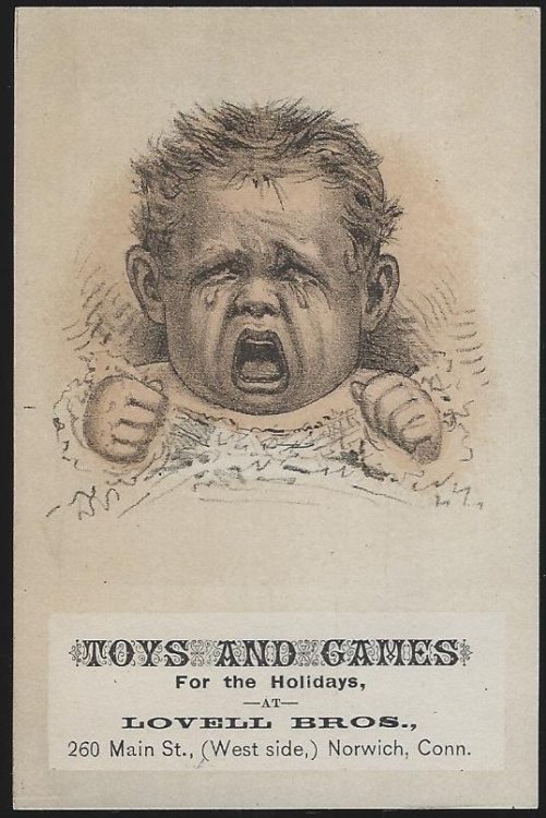 VICTORIAN TRADE CARD FOR LOVELL BROS, NORWICH, CONNECTICUT WITH CRYING BABY