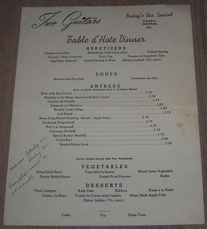 MENU TWO GUITARS RESTAURANT AND NIGHTCLUB, NEW YORK CITY