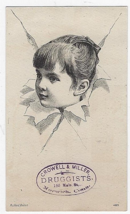 VICTORIAN TRADE CARD FOR CROWELL AND MILLER DRUGGISTS, NORWICH, CONNECTICUT WITH LOVELY GIRL