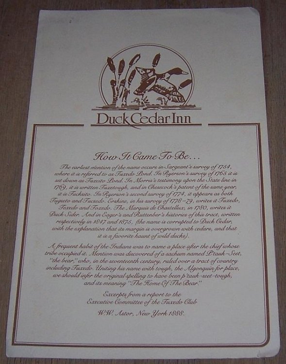 MENU DUCK CEDAR INN, TUXEDO PARK, NEW YORK