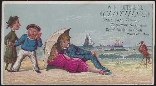VICTORIAN TRADE CARD FOR W. H. FOOTE CLOTHING WITH COUPLES ON BEACH