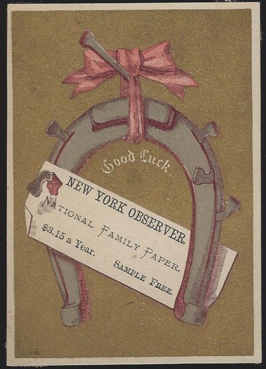 VICTORIAN TRADE CARD FOR NEW YORK OBSERVER WITH GOOD LUCK HORSESHOE