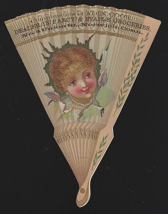 VICTORIAN DIE CUT FAN TRADE CARD FOR ADIN COOK, DEALER IN GROCERIES, NORWICH, CONNECTICUT