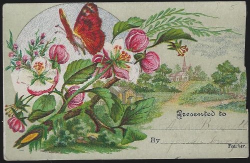 VICTORIAN REWARD OF MERIT WITH FLOWERS AND BUTTERFLIES