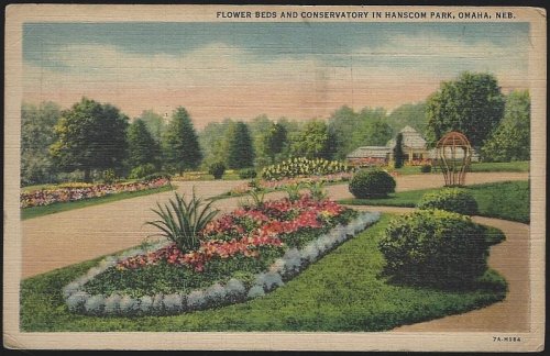 FLOWER BEDS AND CONSERVATORY IN HANSCOM PARK, OMAHA, NEBRASKA
