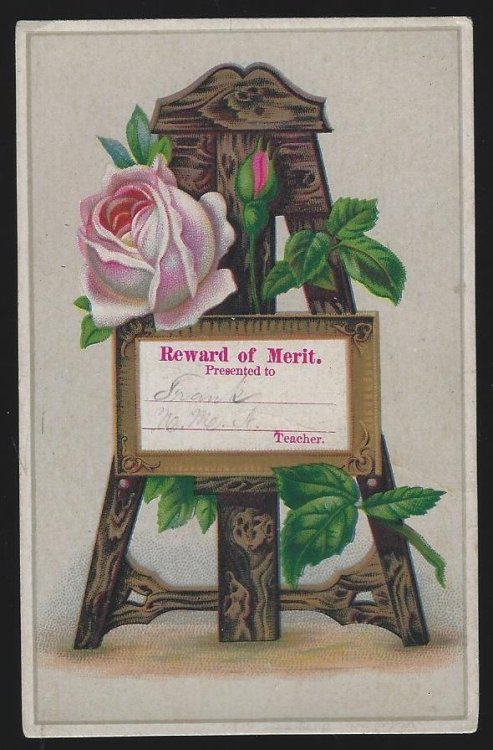 VICTORIAN REWARD OF MERIT WITH ROSE ON EASEL