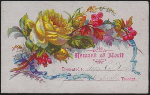 VICTORIAN REWARD OF MERIT WITH YELLOW ROSE AND FLORAL BOUQUET