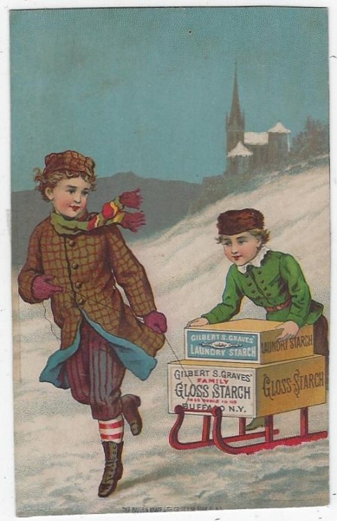 VICTORIAN TRADE CARD FOR GILBERT AND GRAVES FAMILY GLOSS STARCH WITH CHILDREN SLEDDING