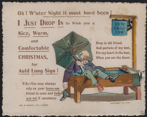 VINTAGE CHRISTMAS CARD WITH DRUNK FRIEND DROPPING IN