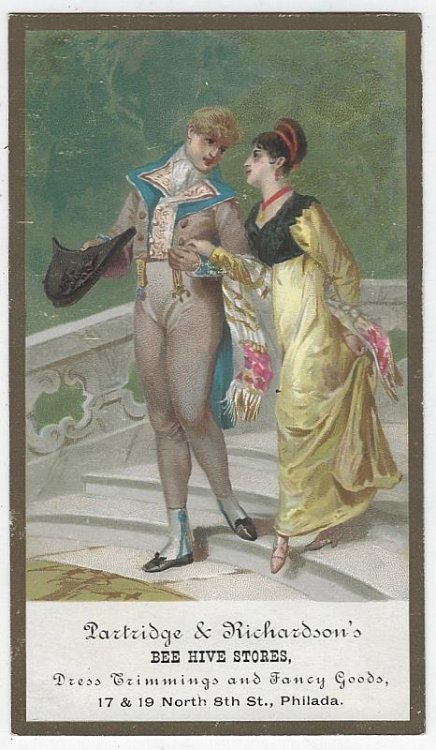 VICTORIAN TRADE CARD FOR PARTRIDGE AND RICHARDSON'S BEE HIVE STORES WITH COURTING COUPLE